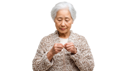 Elderly woman crafting with hands, focused expression, white isolated background.
