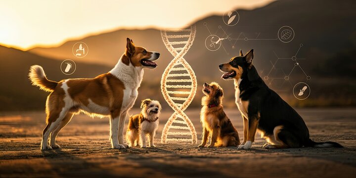 Four dogs of different breeds sit and stand facing each other with a glowing DNA helix and scientific icons in the background at sunset.