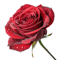 A single deep red rose covered in water droplets isolated on transparent background