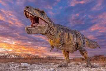 Majestic T-Rex Roaring Under Colorful Sky at Sunset