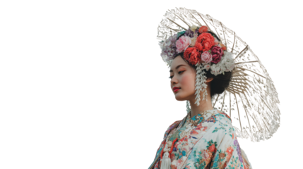 Elegant woman in traditional attire wearing a floral headdress and parasol, white isolated background.