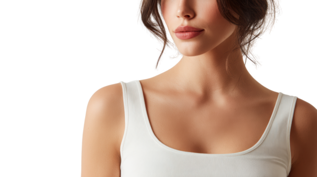 Elegant woman in a white tank top, showcasing confidence and beauty on a white isolated background.