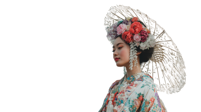Elegant woman in traditional attire wearing a floral headdress and parasol, white isolated background.