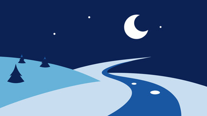 Naklejka premium Winter night sky with a shining moon and sparkling stars over a snowy landscape and festive Christmas trees