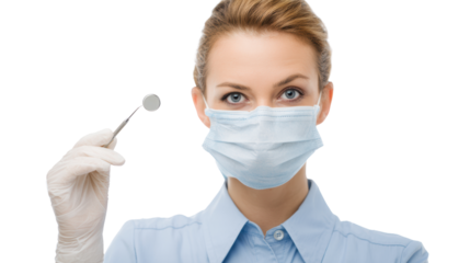 Female dentist holding dental mirror, wearing blue gloves and mask, isolated on white background.