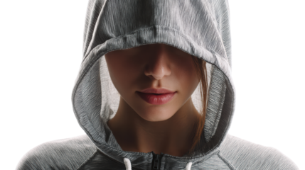 Female figure in a hoodie, face partially obscured, evokes mystery and intrigue.