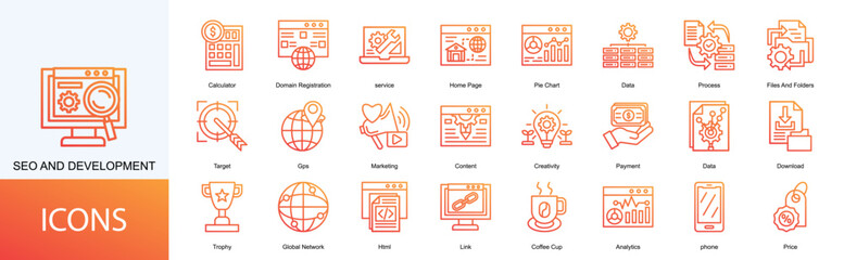 Seo and Development icon collection set. Containing service, Home Page, Pie Chart, Data, Process, Files And Folders, Target icon
