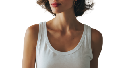 Modern woman in a white tank top, showcasing a relaxed and casual look.