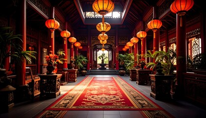 Captivating interior showcasing traditional Chinese architecture with radiant red lanterns illuminating the tranquil walkway.