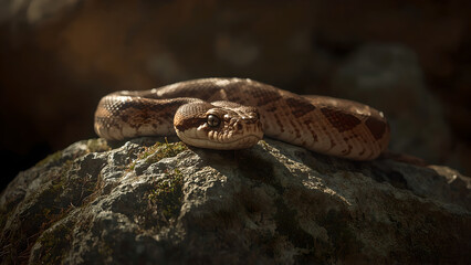 Fototapeta premium Brown Snake on Mossy Rock in Warm Light