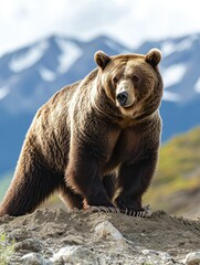 Grizzly bear stands on a rocky outcrop, mountains in the background