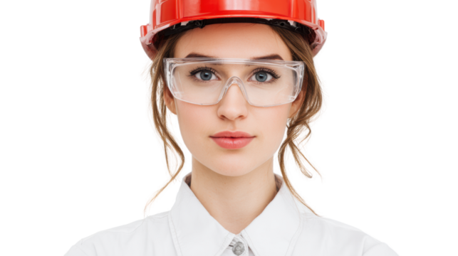 Professional woman wearing safety gear including hard hat and glasses, isolated on white background.
