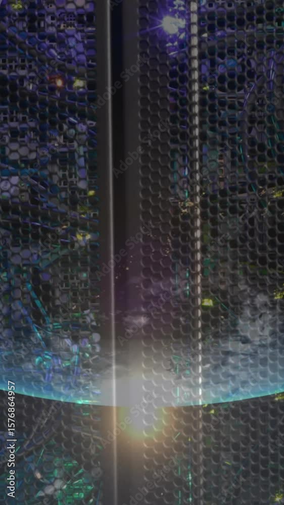 Poster animation of globe over illuminated data server system in server room