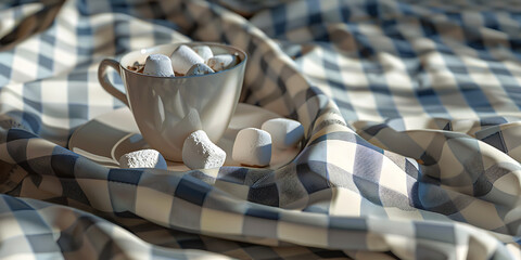 White Teacup with Rising Steam on Blue and White Checkered Cloth

