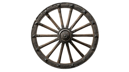 Fototapeta premium Rustic wooden wagon wheel isolated on a white background.