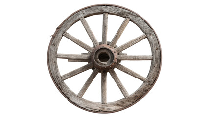 Obraz premium Rustic wooden wheel on a white isolated background, symbolizing vintage transport and craftsmanship.
