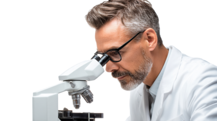 Scientist examining samples under a microscope, focused and engaged in research.