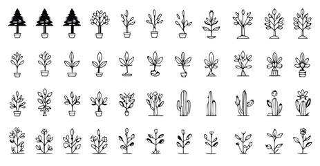 Tree, Potted Tree, Flower Pot, Leaf Plant, Indoor Plant, Cactus, Succulent, Blossoming Flower, Budding Plant, Houseplant, Garden Tree, Plant Line Icons, Plant Growth, Mini Tree, Decorative Pot