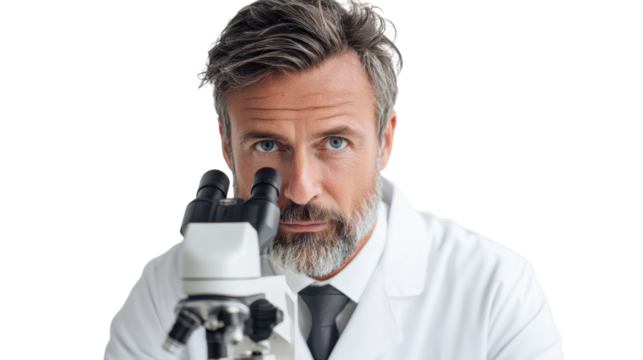 Scientist examining samples under a microscope, focused expression on isolated white background.
