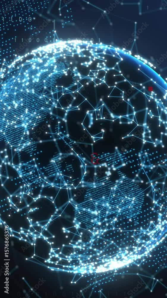 Poster animation of illuminated connected dots forming globe and moving binary codes