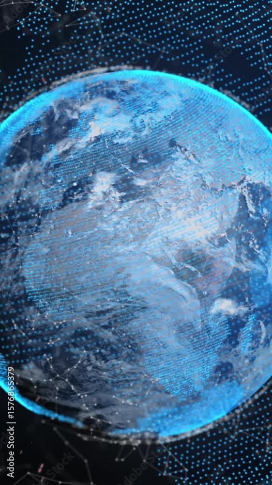 Poster animation of rays moving over globe with connected dots and map