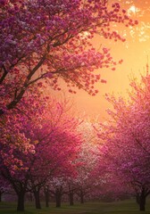 Pink And Orange Cherry Blossom Trees At Sunrise