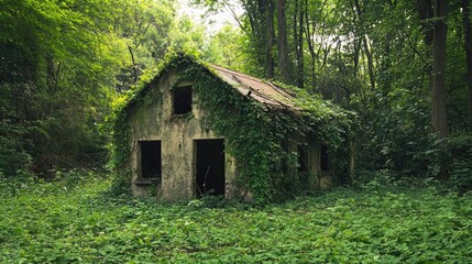 Overgrown, dilapidated cabin nestled within a verdant forest.
