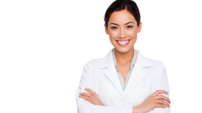 Smiling healthcare professional with arms crossed, white isolated background.