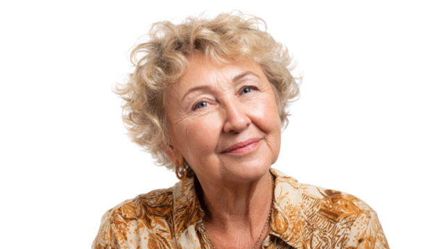 Smiling senior woman with curly hair, wearing a patterned shirt, on a white isolated background.