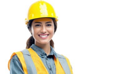 Smiling woman in a yellow hard hat and safety vest, standing confidently, perfect for construction themes.