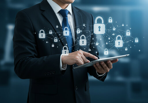 Businessman interacting with a digital security network