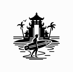 Naklejka premium Minimalist Black Vector Logo of Tourist with Surfboard and Balinese Gate Isolated on White Background