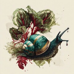 Colorful snail resting on vibrant leafy greens in a detailed artistic illustration Generative AI