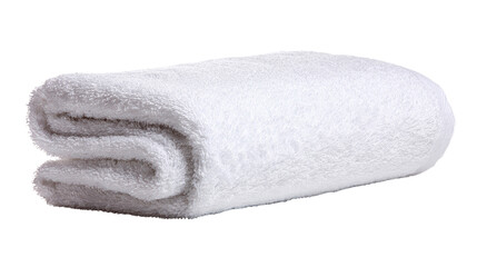 Soft white towel folded neatly, perfect for spa or bathroom settings, isolated on a clean background.
