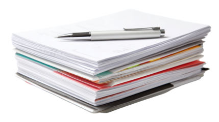 Stack of paperwork with a silver pen resting on top, isolated on white background.