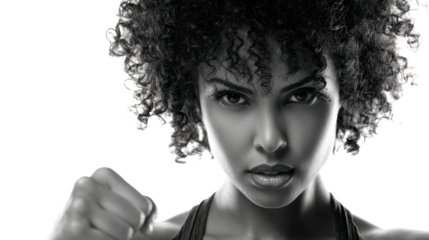 Strong woman showing determination with a clenched fist, black and white photography, strong emotions.