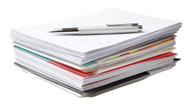 Stack of paperwork with a silver pen resting on top, isolated on white background.