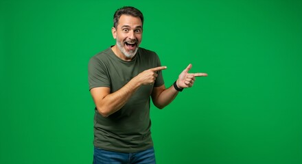 Energetic surprised man pointing side casual outfit green screen isolated background reaction expression promotional content generative ai