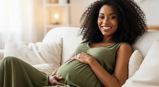 Happy pregnant woman relaxing on sofa