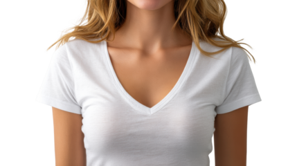 Woman in a white v-neck t-shirt smiling against a white background.