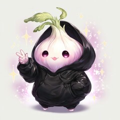 Cute cartoon garlic character in a black hoodie posing with a peace sign against a sparkly backdrop Generative AI