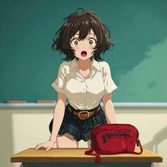 Surprised student in classroom with shocked expression and red bag during school day Generative AI