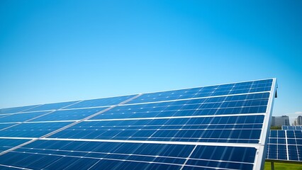 Solar panels under a clear blue sky, symbolizing clean energy and sustainability in an urban environment.