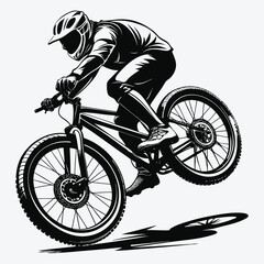 Naklejka premium Dynamic black and white illustration of a mountain biker performing a jump