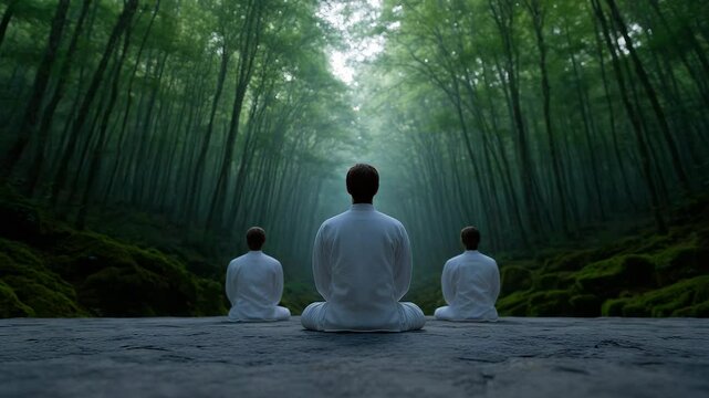 Serene Meditation in the Woods: Three figures meditate in a peaceful forest clearing. Tranquility and contemplation. Capturing the essence of nature and mindfulness.