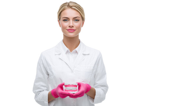 Woman in lab coat holding dental impression tray with pink gloves, isolated on white background. - Powered by Adobe