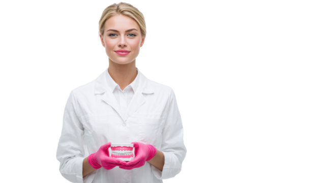 Woman in lab coat holding dental impression tray with pink gloves, isolated on white background.