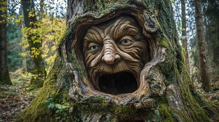 Carved woodland creature face in a hollowed tree trunk.