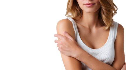 Woman with blonde hair, wearing a white tank top, gently embracing her shoulders, bright and soft portrait.