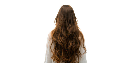 Naklejka premium Woman with long, wavy hair looking away, white isolate background.